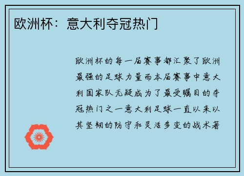 欧洲杯：意大利夺冠热门